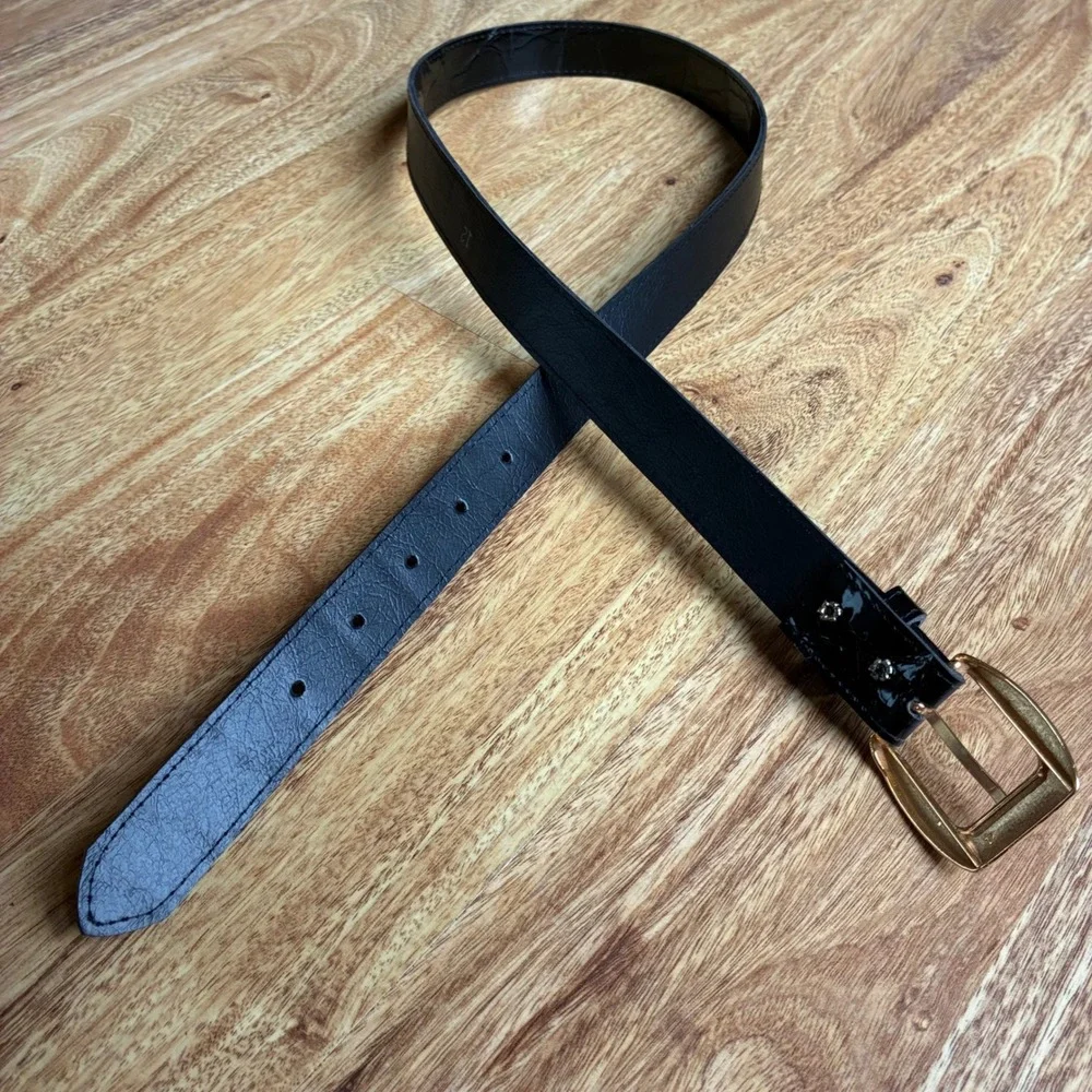 Vintage 90s Black Moc Croc Leather Belt Size 12 Skinny Tapered Gold Buckle Y2K